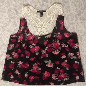 Forever 21 Rose print Sheer & lace Tank Top
